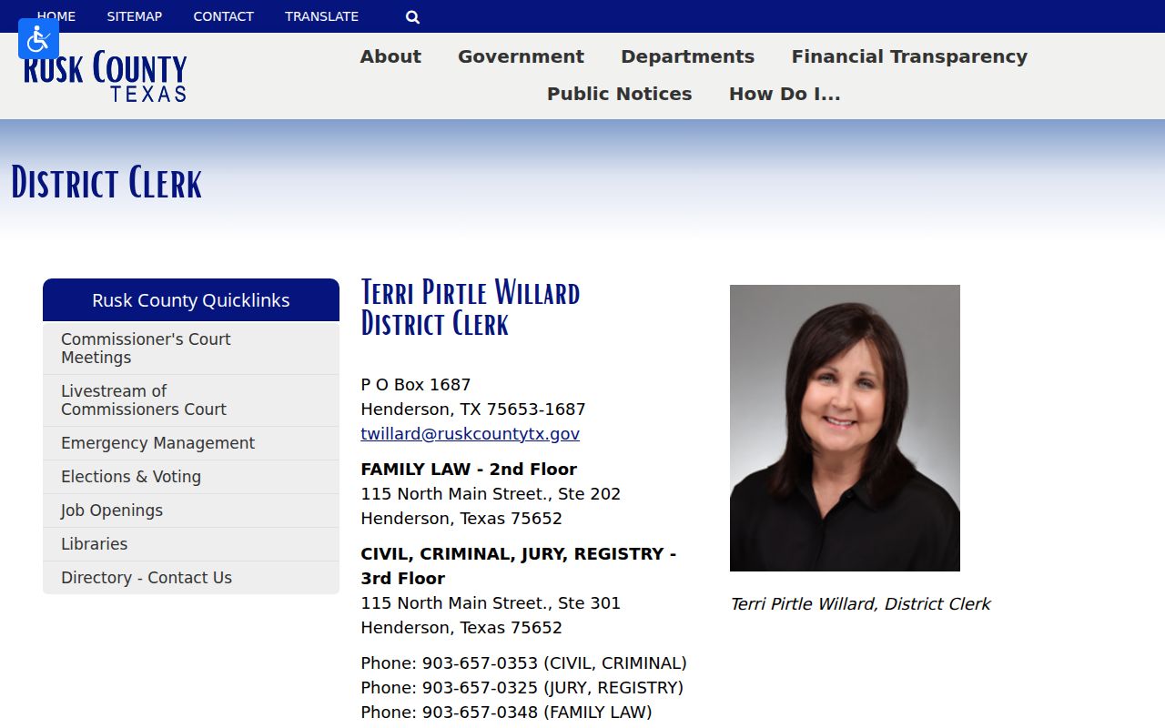 Rusk County District Clerk page with record search and iDocket information