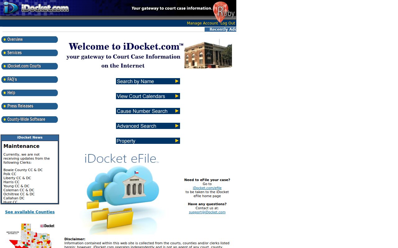 iDocket interface showing name, cause number, and advanced case search choices