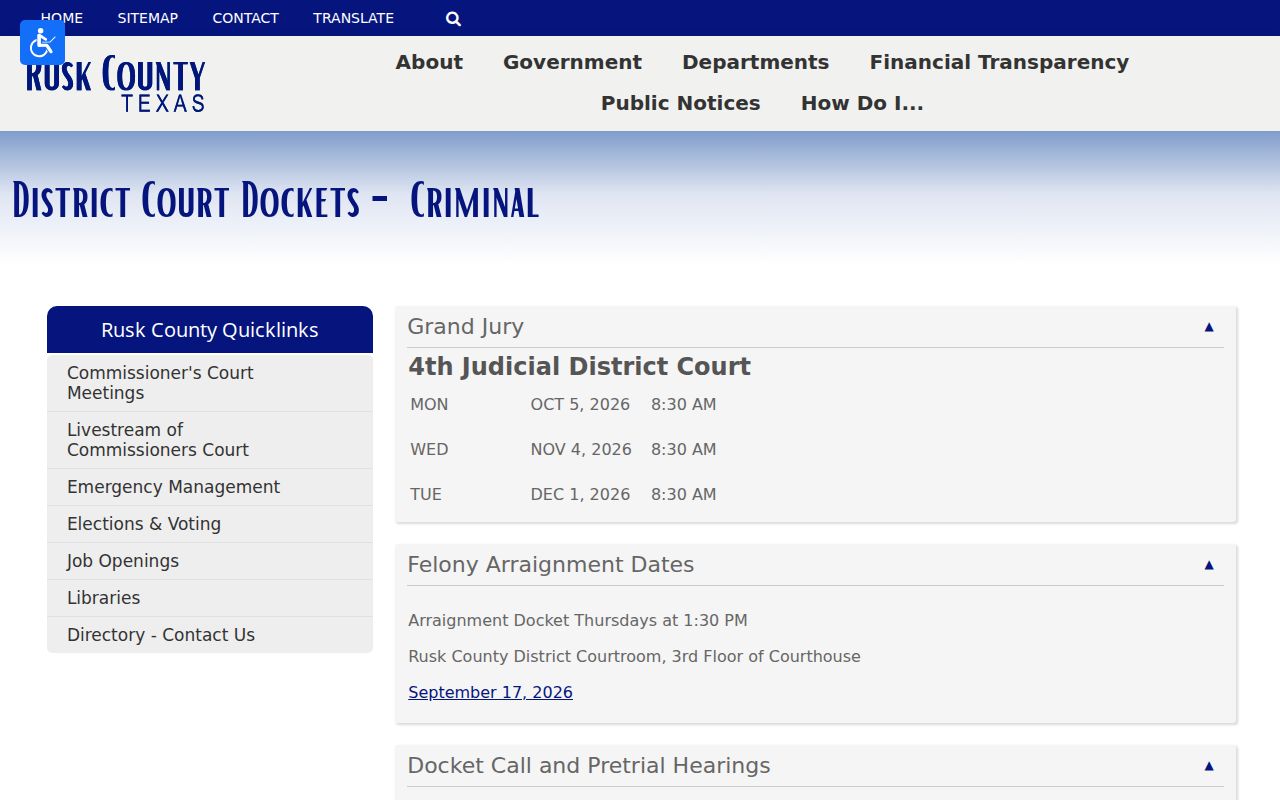 Rusk County District Court criminal docket calendar page