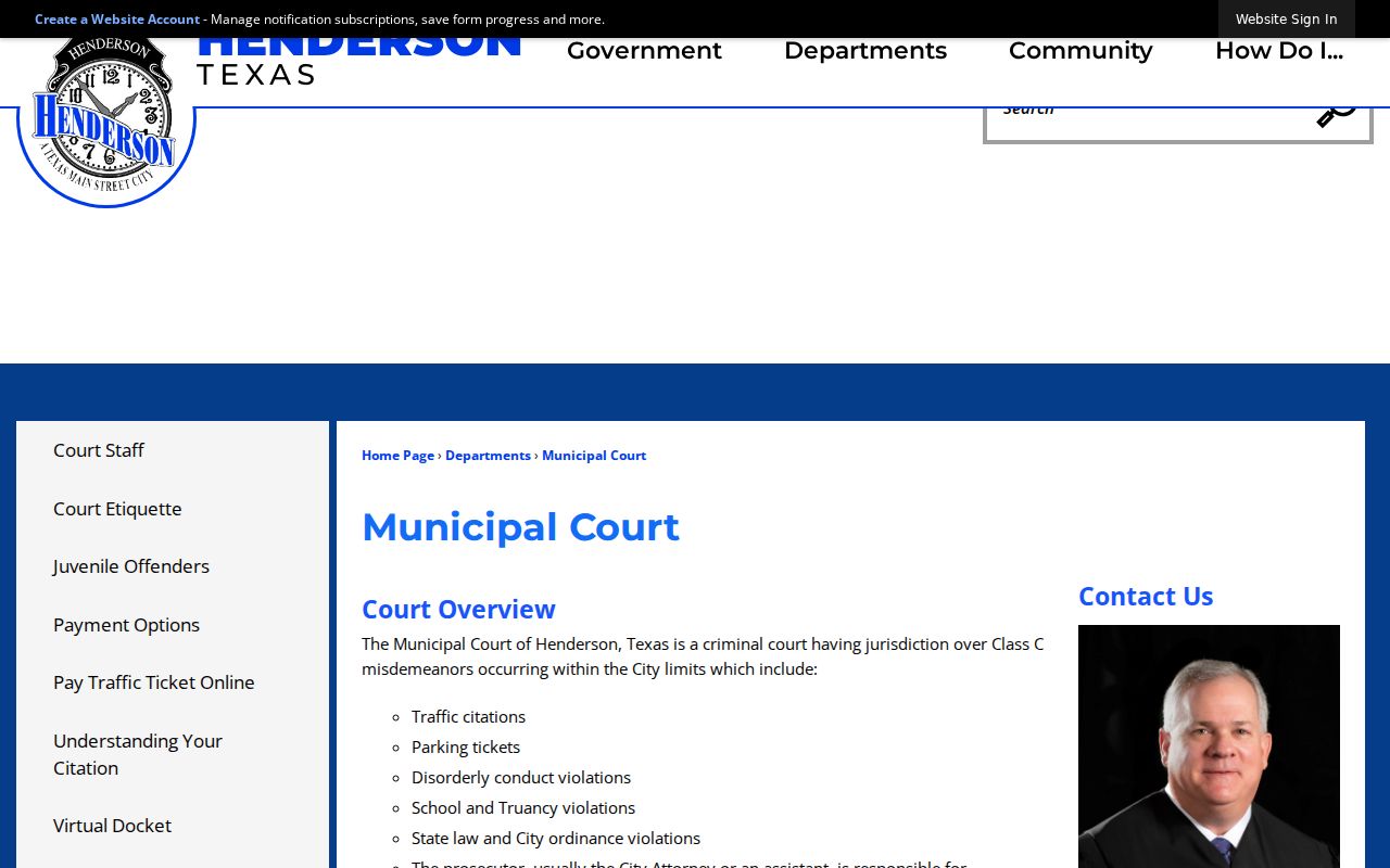 Henderson Municipal Court official page with court contact and virtual docket route