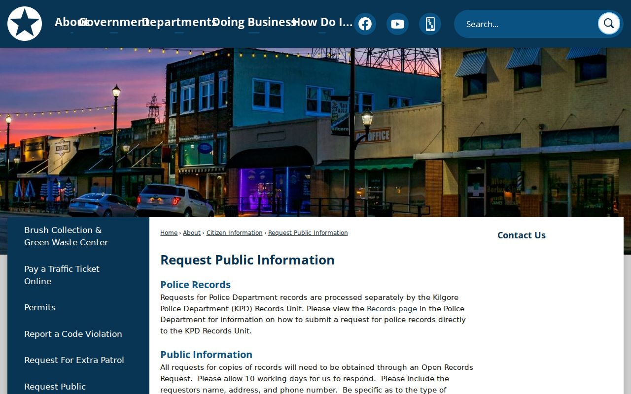 City of Kilgore public-information request page with records contact options