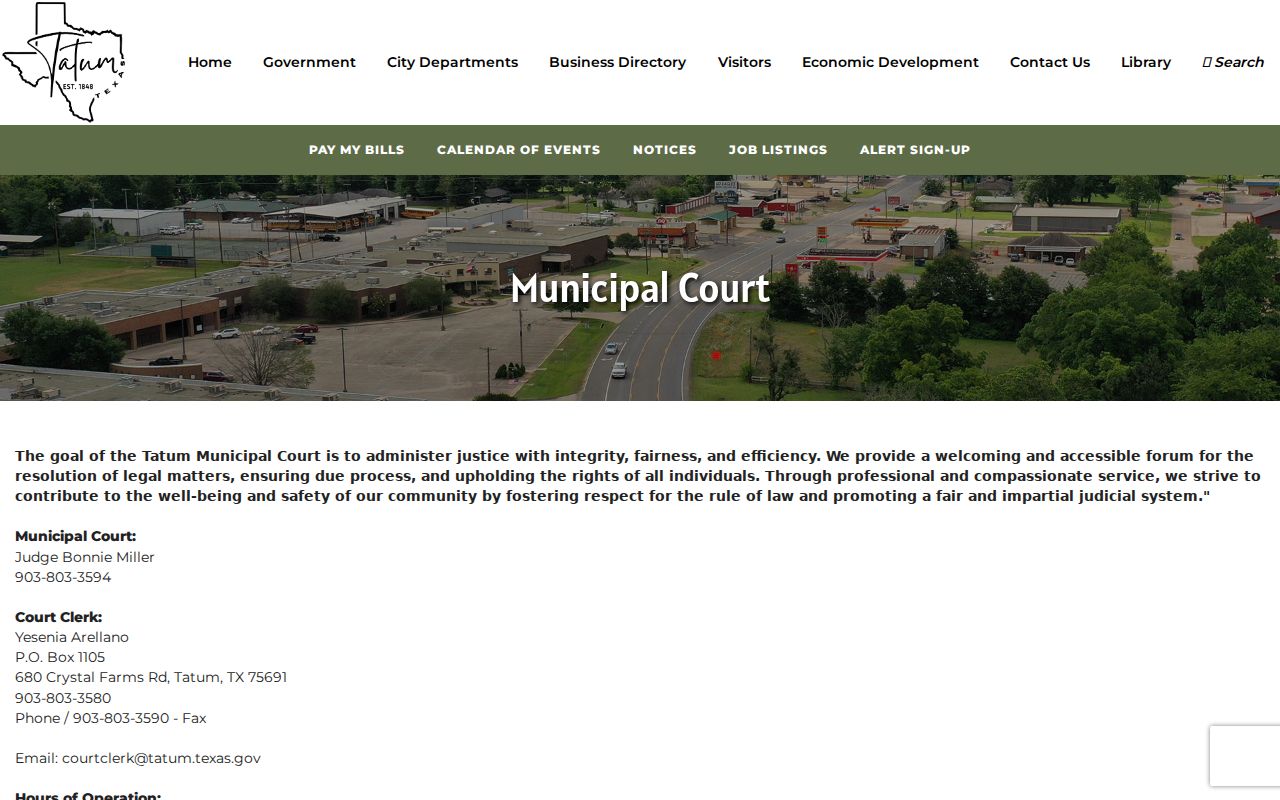 Tatum Municipal Court city page with clerk, judge, and office details