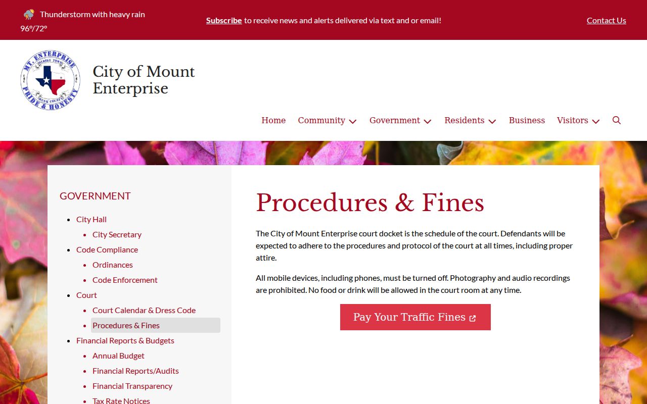 Mount Enterprise Municipal Court procedures page with local conduct rules