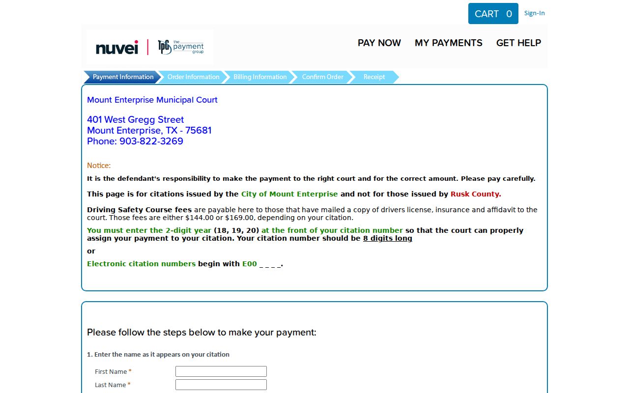 Mount Enterprise city citation payment form with ticket and one-time code fields