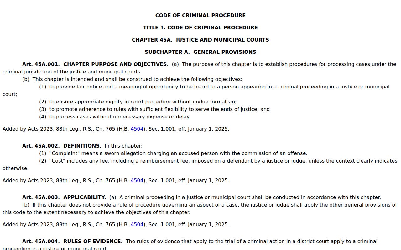 Texas Code of Criminal Procedure Chapter 45A page about arrest warrant procedures