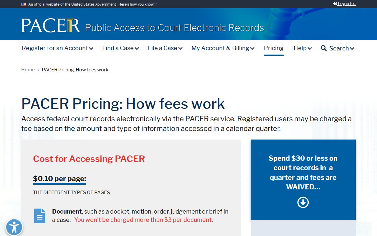 PACER official page explaining federal docket access fees