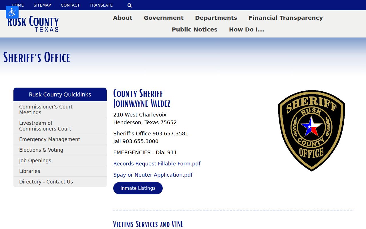 Rusk County Sheriff's Office contact page with office and jail information